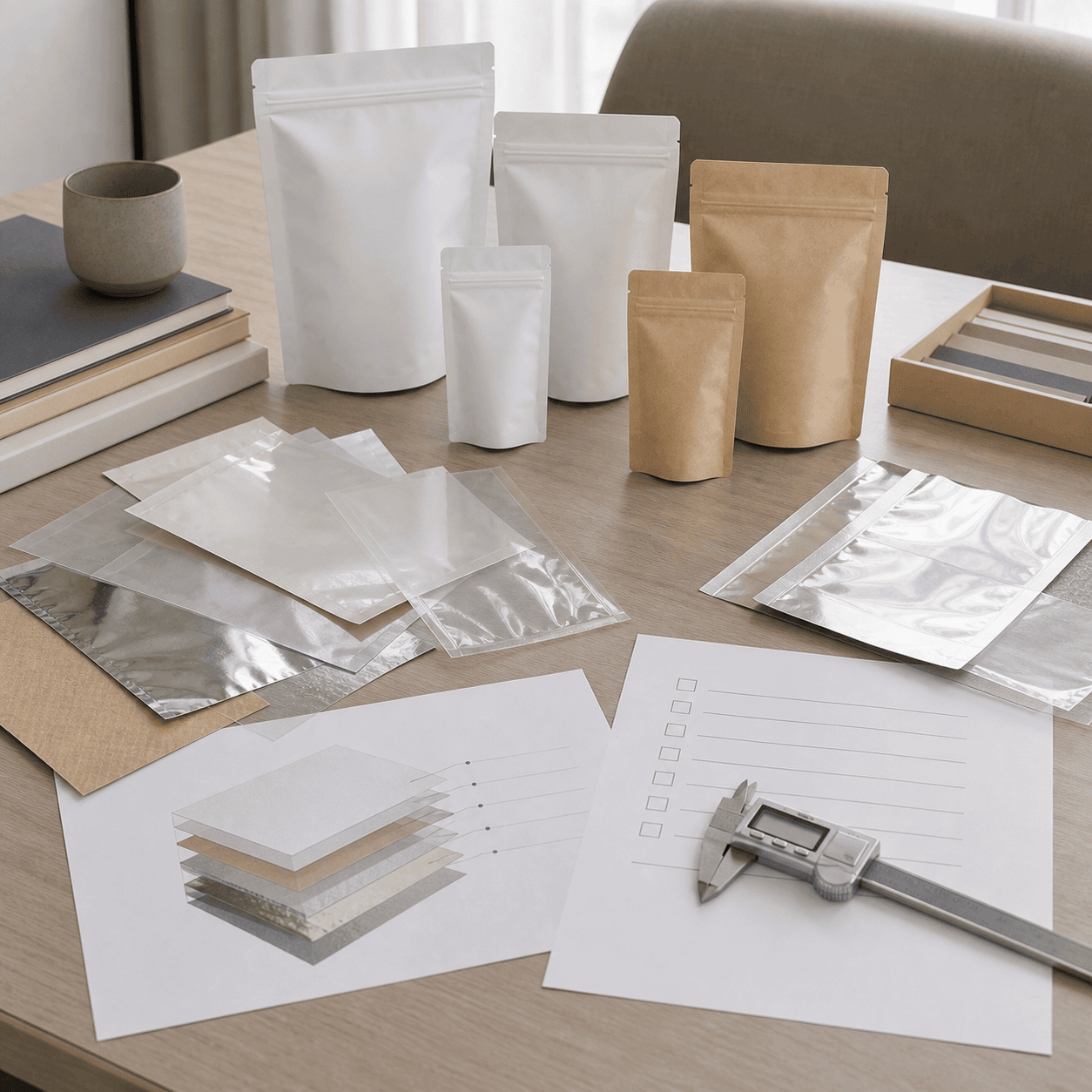 Packaging material review desk with blank pouch samples, film swatches, layer sheet, checklist, and caliper