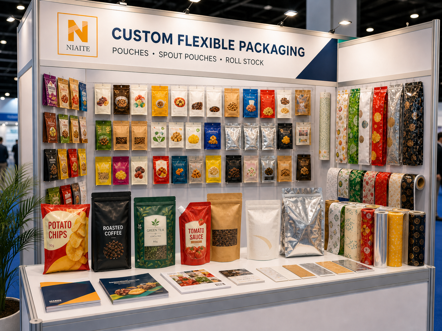 NIAITE branded flexible packaging sample wall with printed pouches and roll stock display