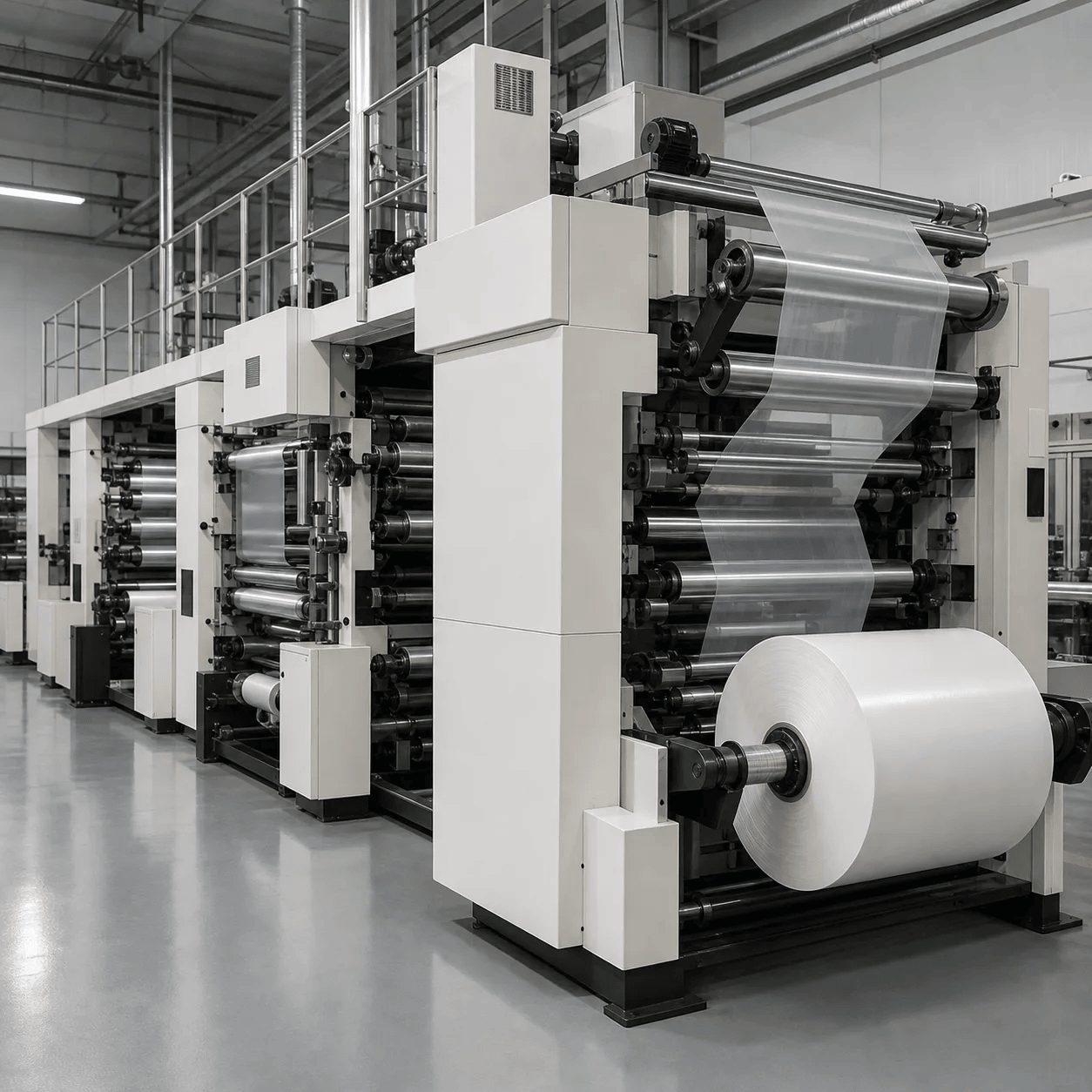 Partner production reference: film laminating line with a clear film web and a white film roll