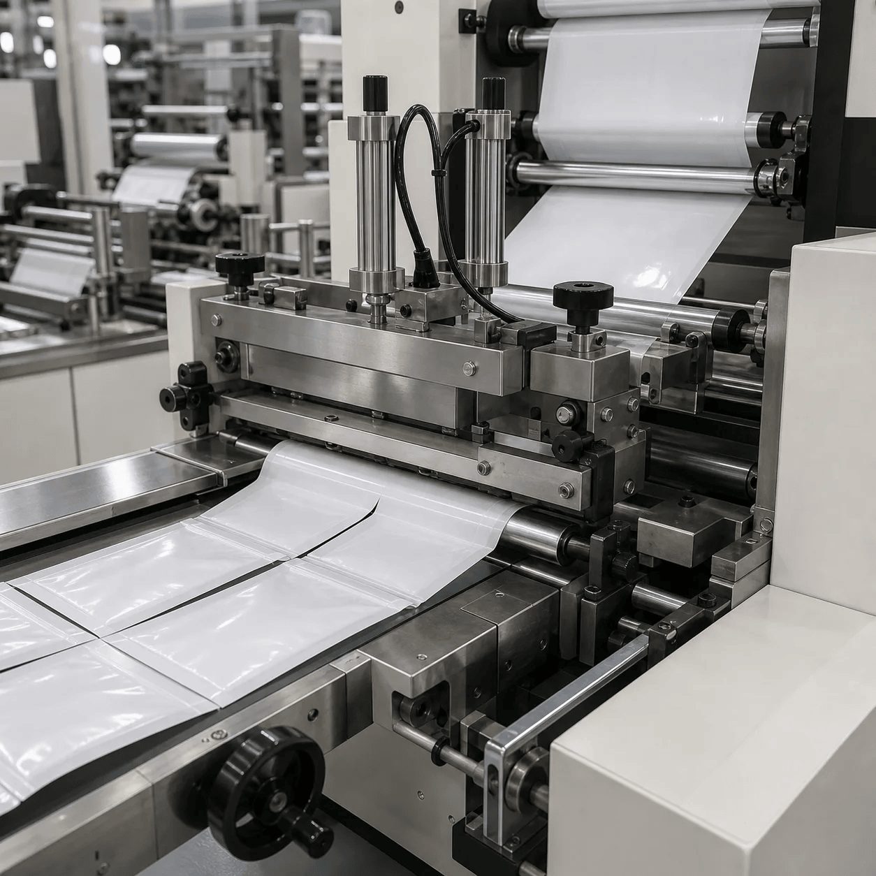 Partner production reference: pouch-making machine sealing and cutting white film into pouches