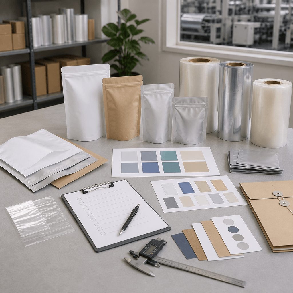 Partner production workflow reference with packaging samples, roll stock, proof sheets, and QC checklist