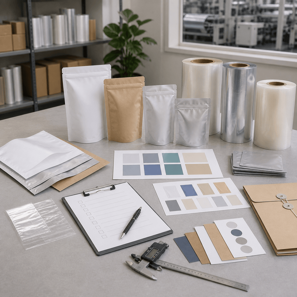 Partner production workflow reference with packaging samples, roll stock, proof sheets, and QC checklist
