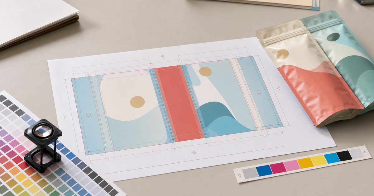 Flexible packaging dieline proof, color swatches, loupe, and finished pouch samples arranged for prepress artwork review