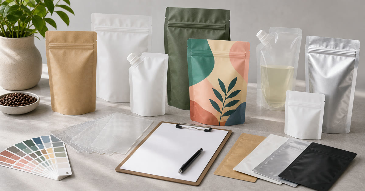 Custom flexible packaging samples and artwork proofs prepared for buyer review