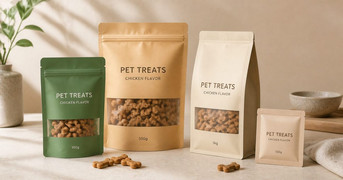 Pet treat pouch options with clear windows for printed packaging planning