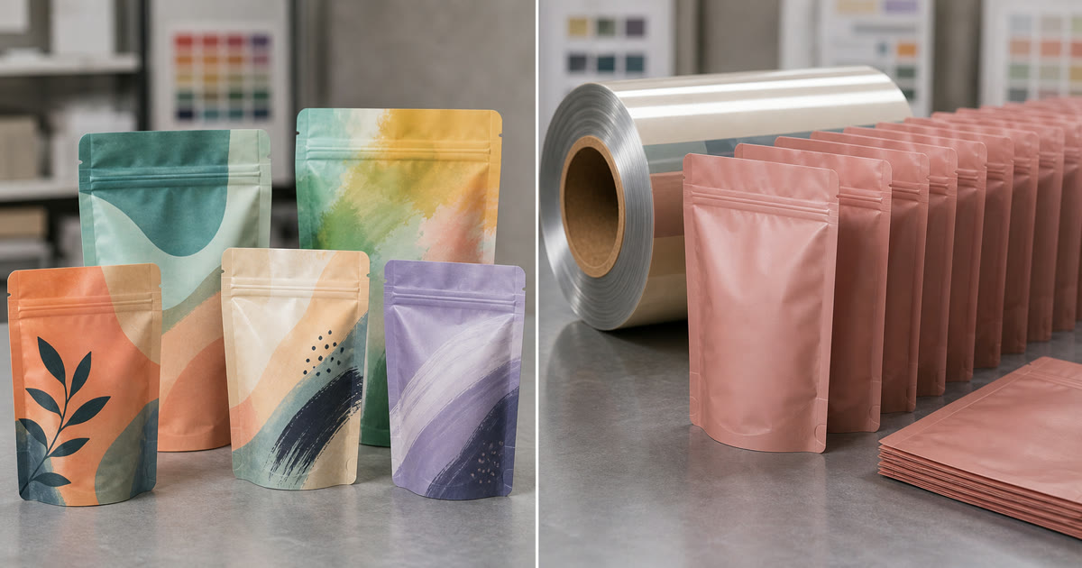 Digital and flexo printed stand up pouch samples for food brand print planning