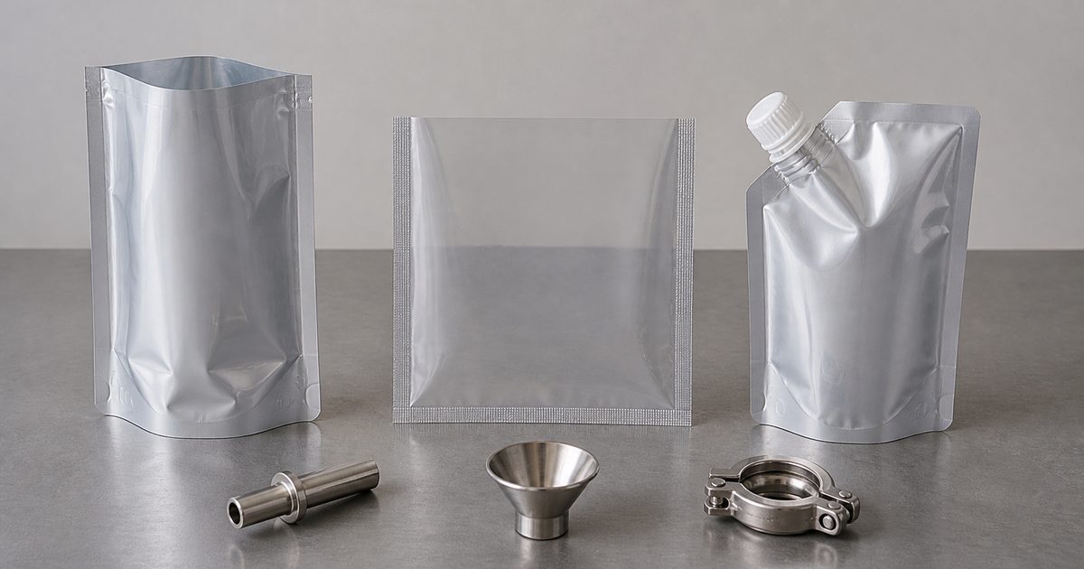 Open-top stand-up pouch, open three-side-seal pouch blank, and capped spout pouch arranged with small filling-interface components