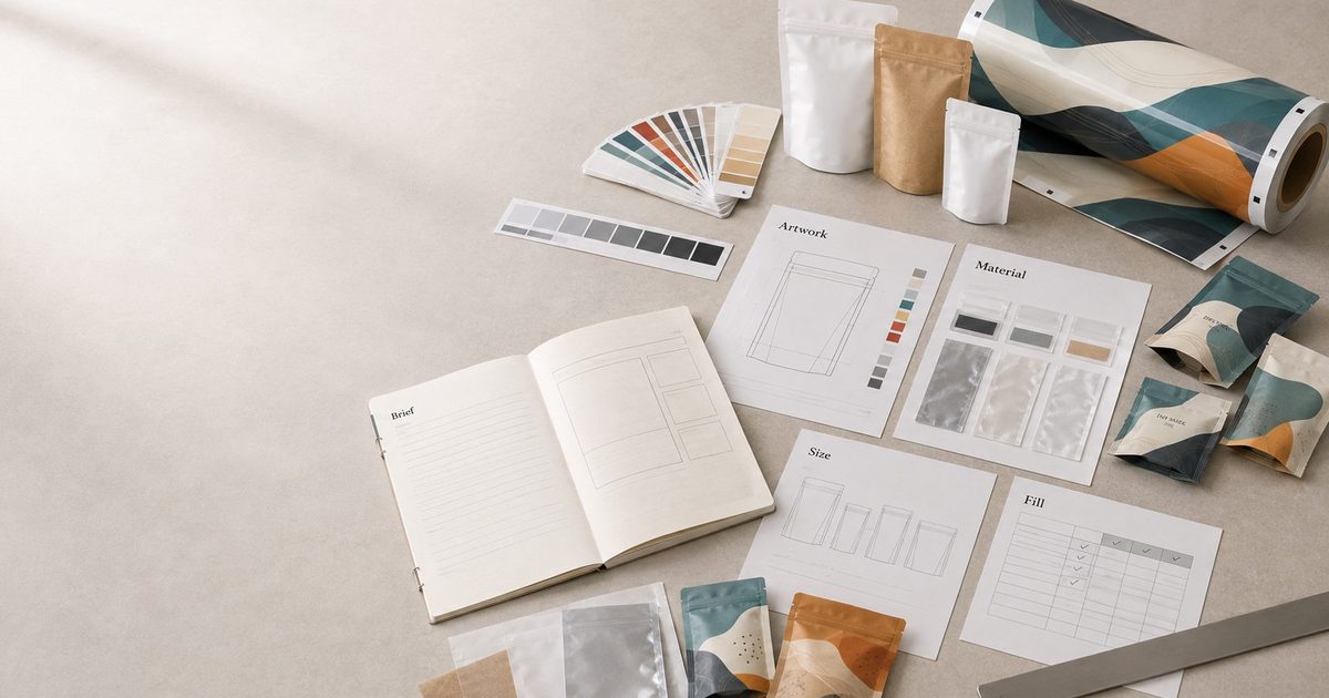 Packaging project brief, artwork, material, size and fill planning sheets beside pouch samples and a printed film roll