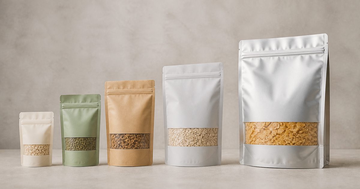 Five filled stand-up pouches arranged from smallest to largest to compare packaging capacity and proportions