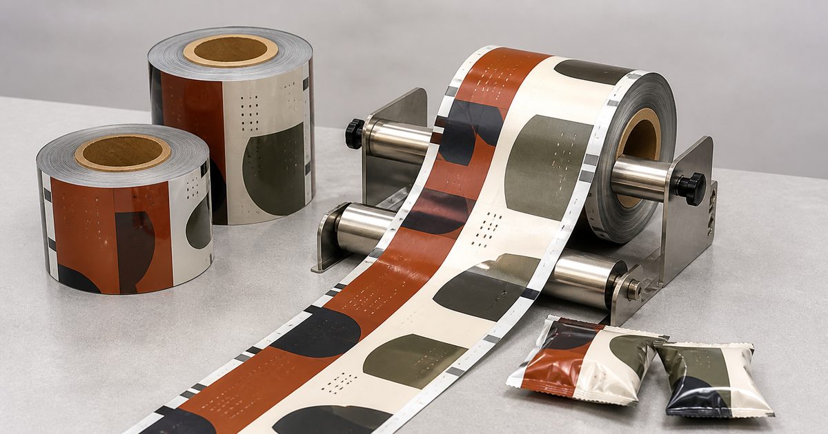 Printed flexible packaging film rolls feeding across a neutral tabletop unwind guide beside formed pillow packs