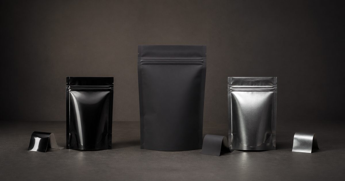 Soft-touch matte stand-up pouch compared with glossy black and metallic pouch finishes