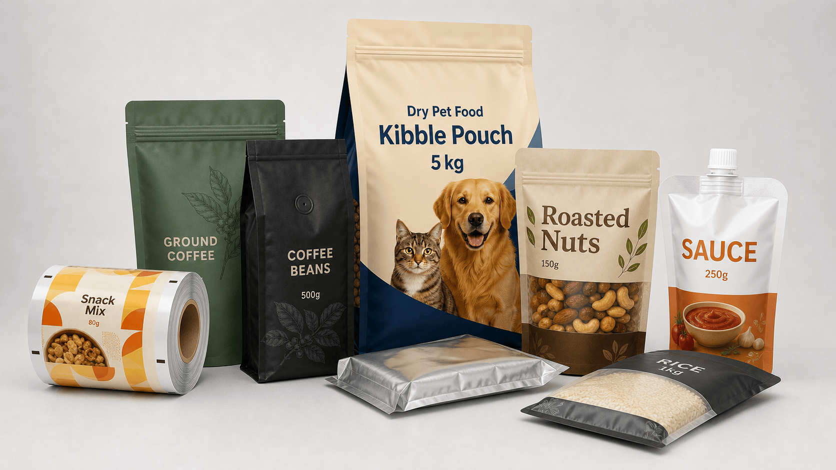 Flexible packaging product collection with pouches, roll stock, spout packs, coffee bags, snack packs, and pet food formats