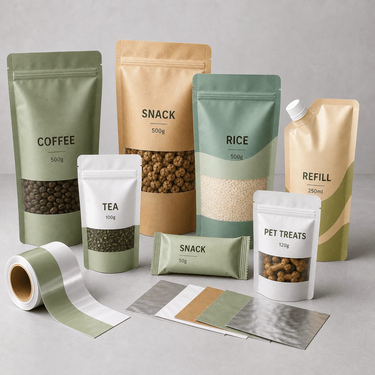Green, kraft and white pouches for coffee, snack, rice, tea, pet treats and refill beside a film roll and material swatches