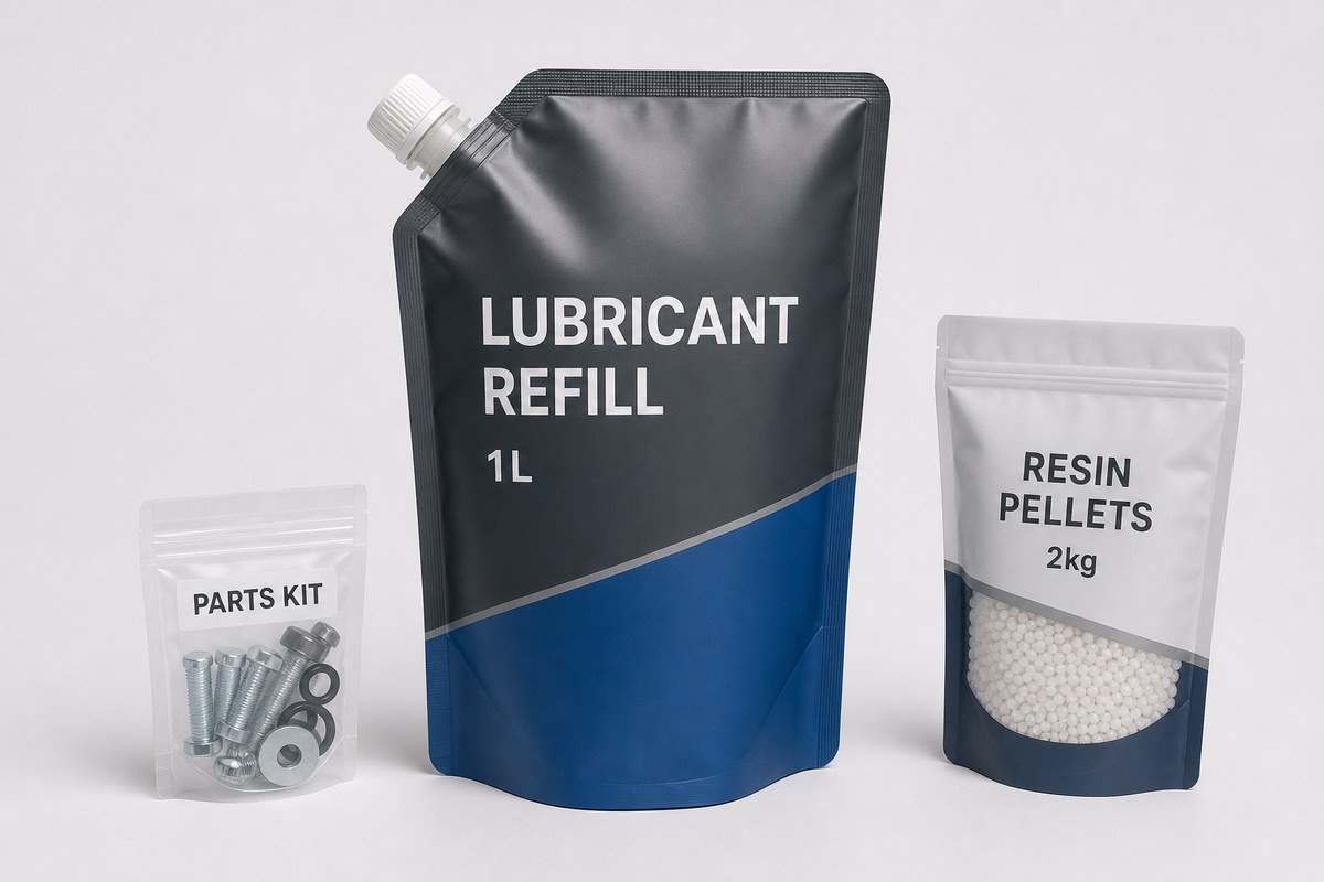 Industrial packaging applications with lubricant refill pouch, parts kit pouch, and resin pellet pouch