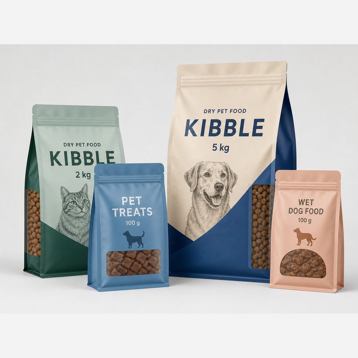 Printed pet food pouches for kibble, treats, and wet food in multiple sizes
