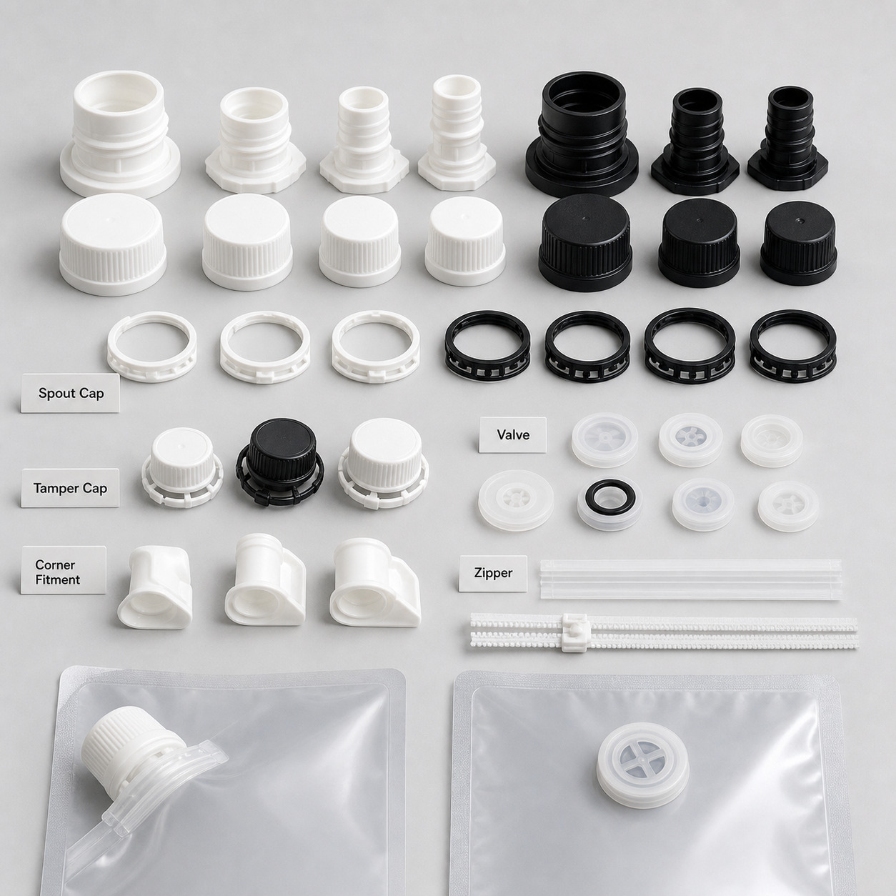 Plastic spout caps, valves, fitments, and zipper tracks for pouch packaging