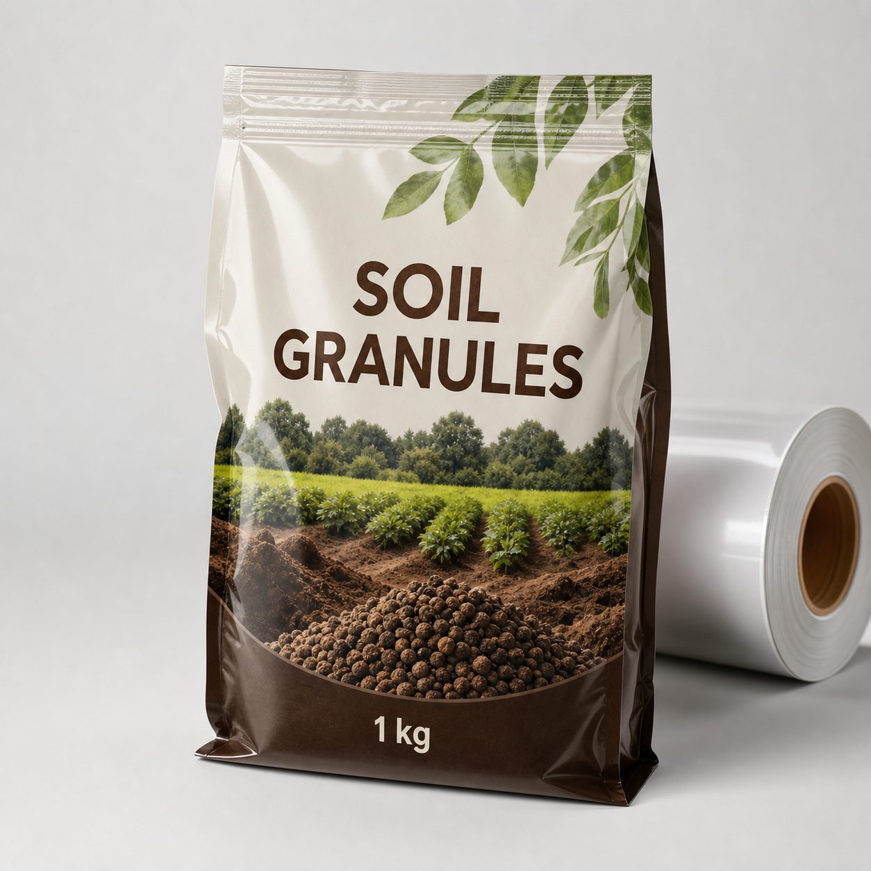 Dry granule soil amendment pouch with laminate roll stock for agricultural barrier planning