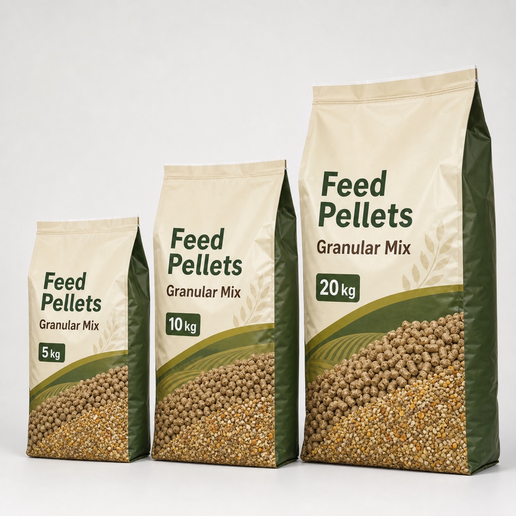 Large-capacity feed pellets and granular mix pouches with 5 kg, 10 kg, and 20 kg size references