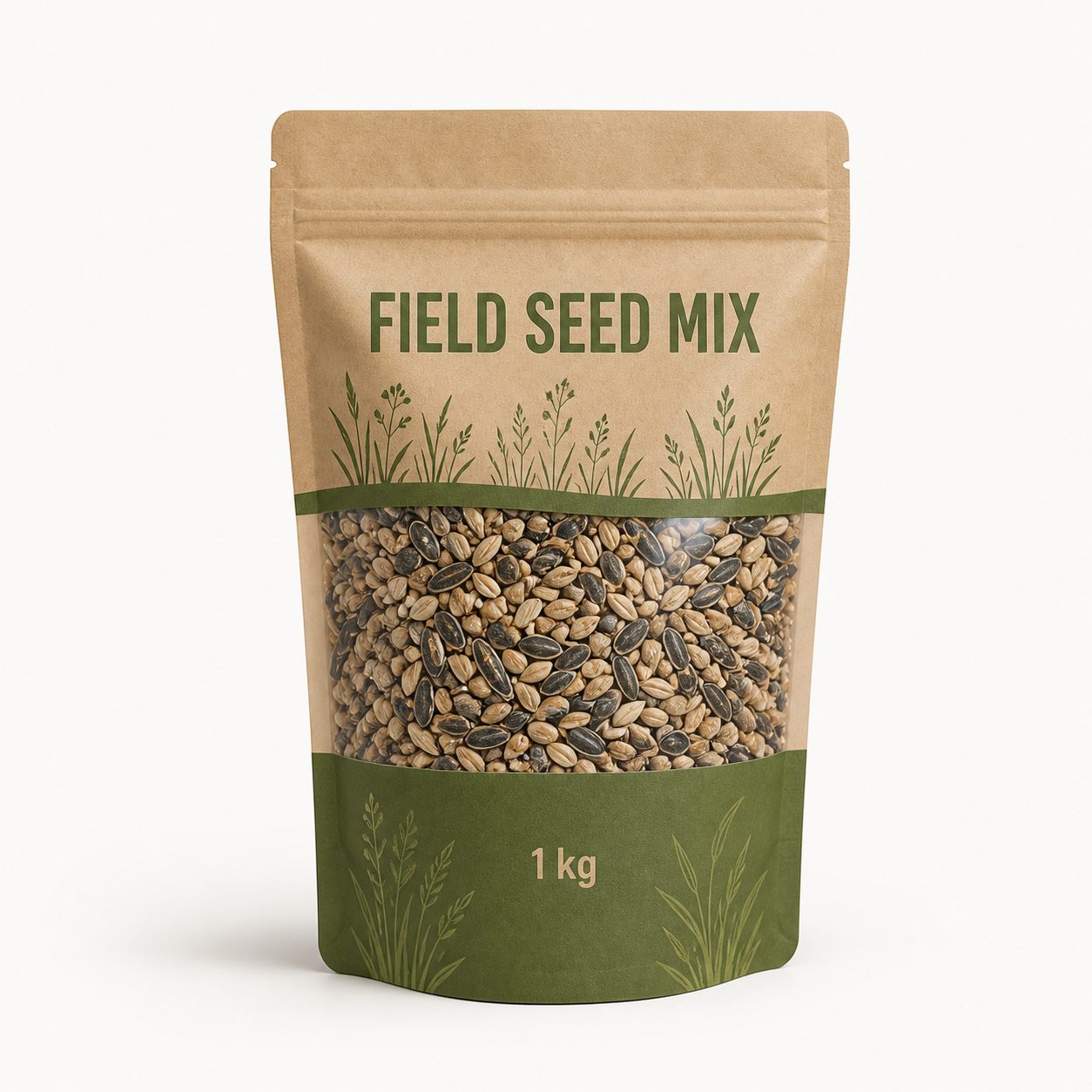 Seed mix and soil blend stand-up pouch with clear window for field supply packaging review