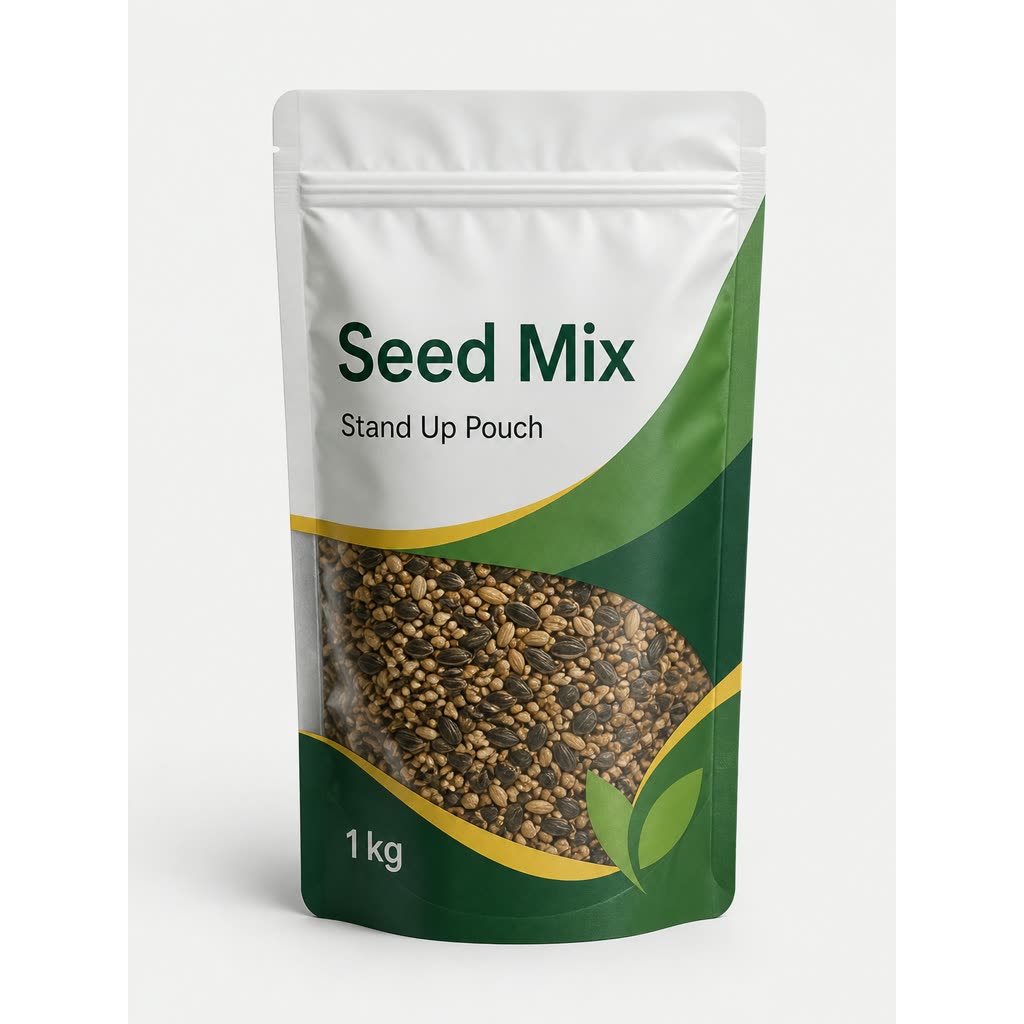 Printed seed mix stand-up pouch with clear window and 1 kg generic label