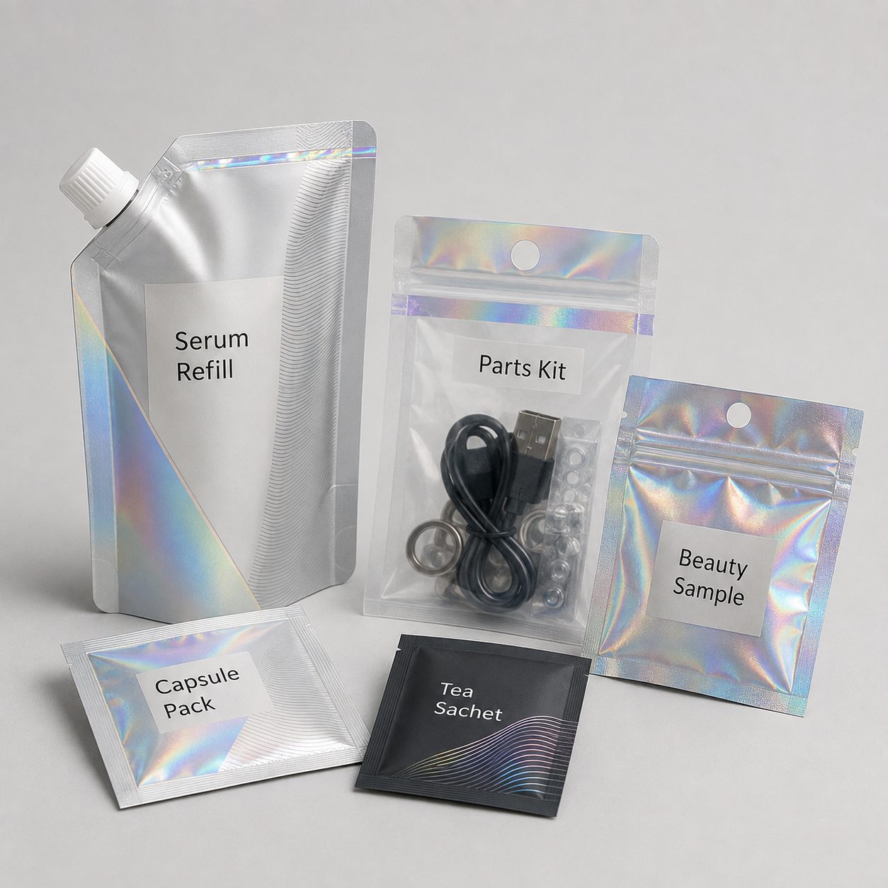 Anti-counterfeit packaging samples for serum refill, capsule pack, parts kit, tea sachet, and beauty sample applications