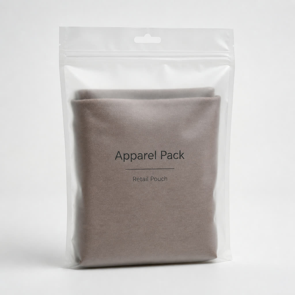 Frosted clear zipper apparel retail pouch with hang hole and folded garment inside