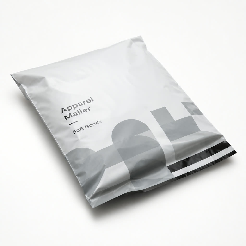 Opaque apparel e-commerce mailer pouch with peel-seal edge and generic soft goods print