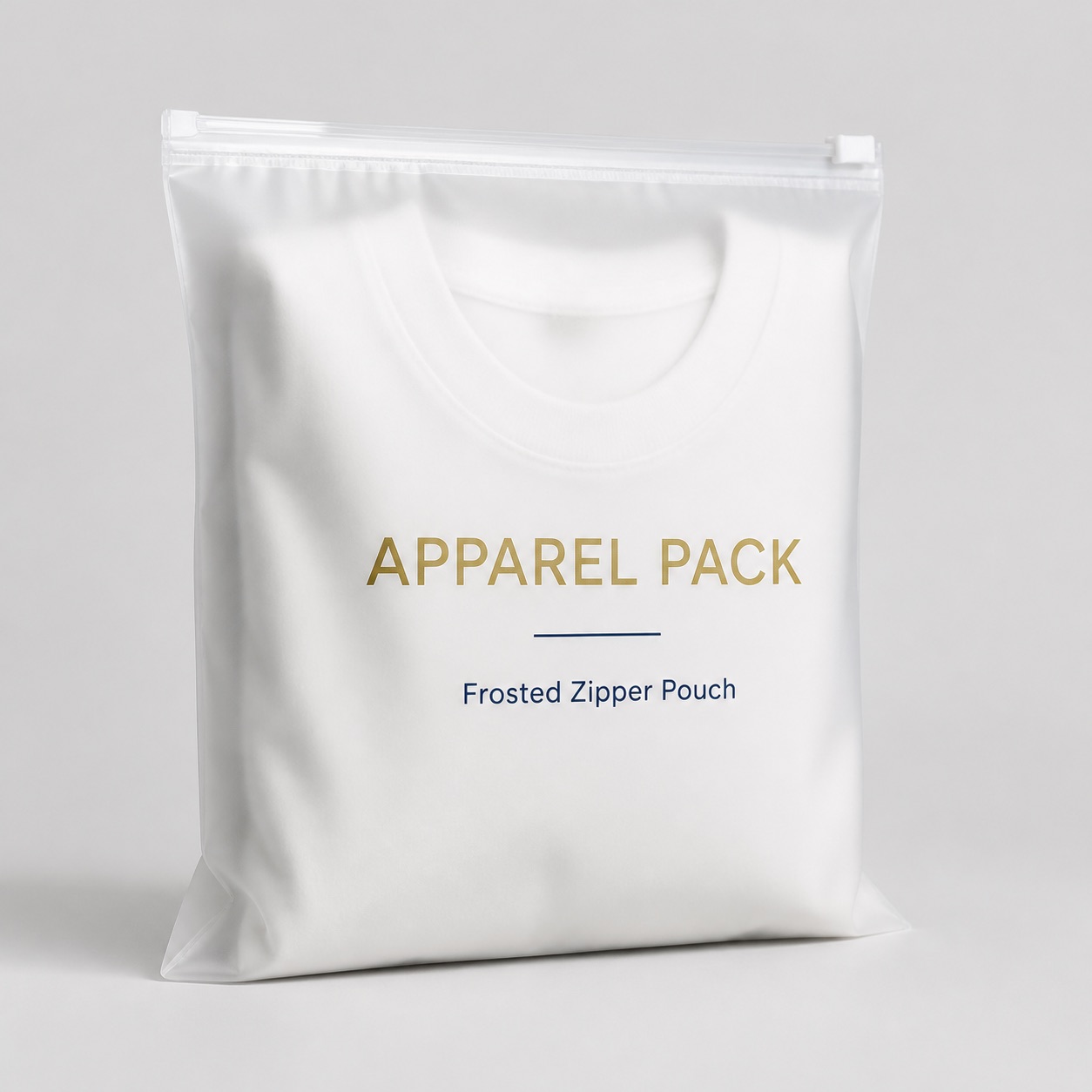 Frosted zipper pouch for apparel packaging with folded garment inside