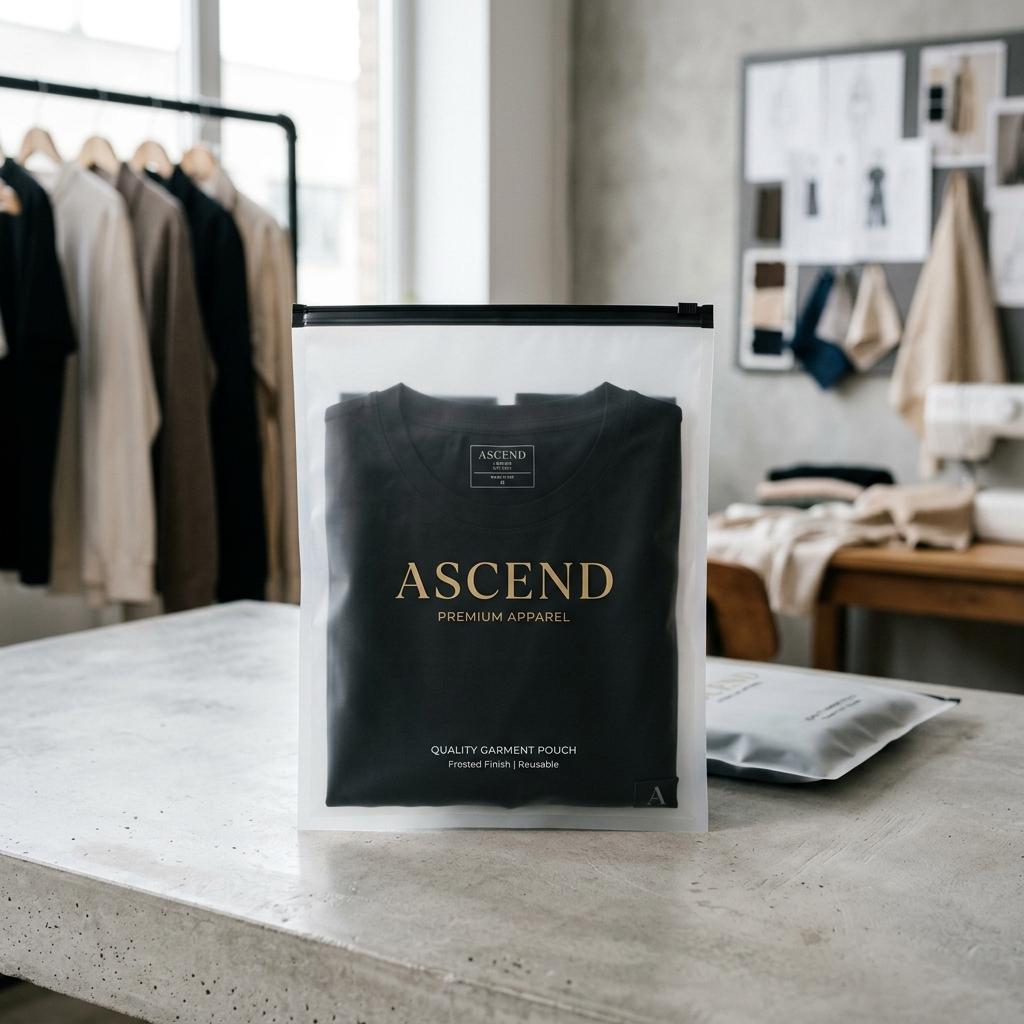 Frosted ziplock garment pouch with a folded black t-shirt in a fashion studio setting
