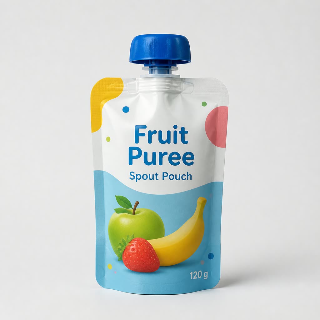 Printed fruit puree spout pouch with top cap and 120 g generic label