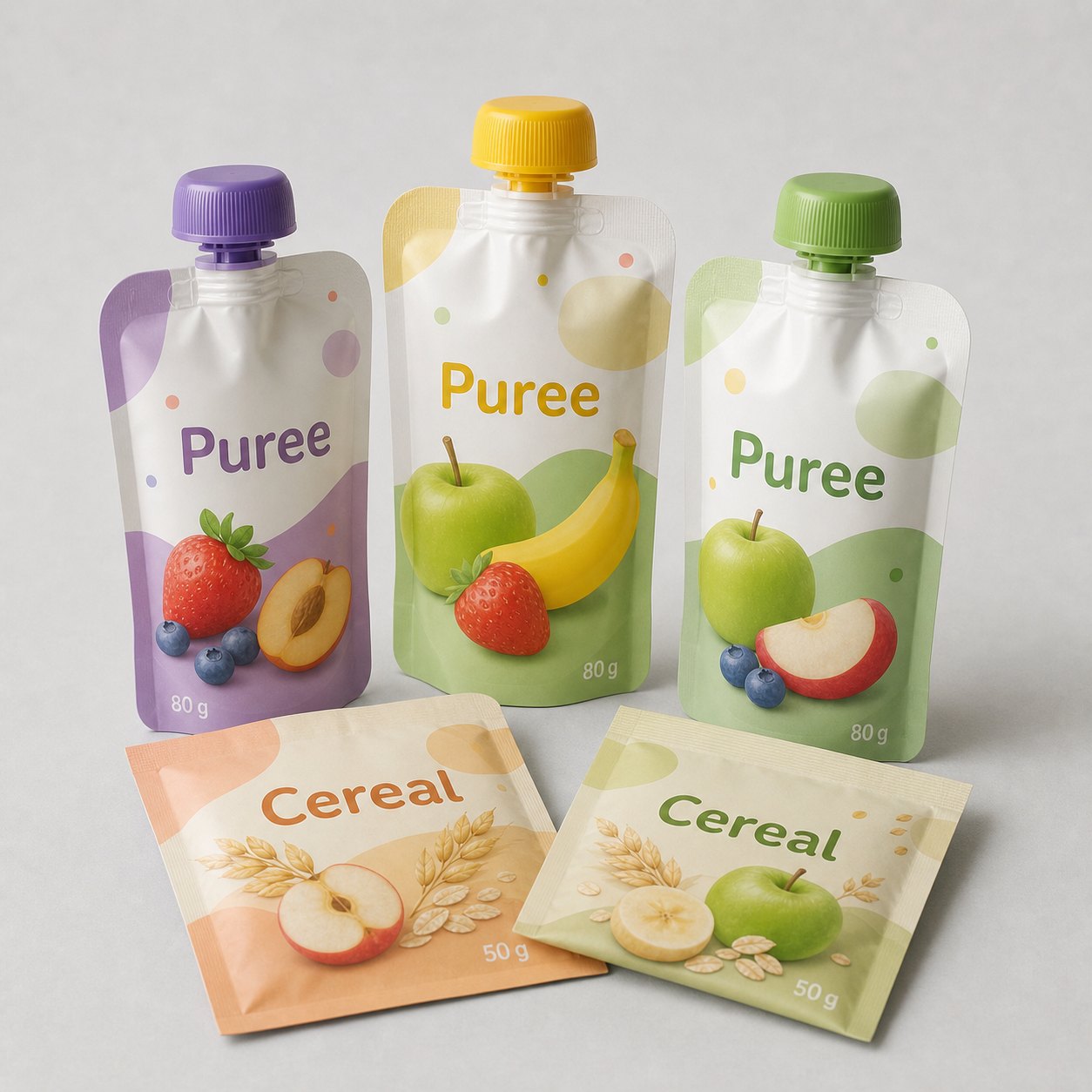 Baby food sample pack set with mini puree spout pouches and cereal sachets