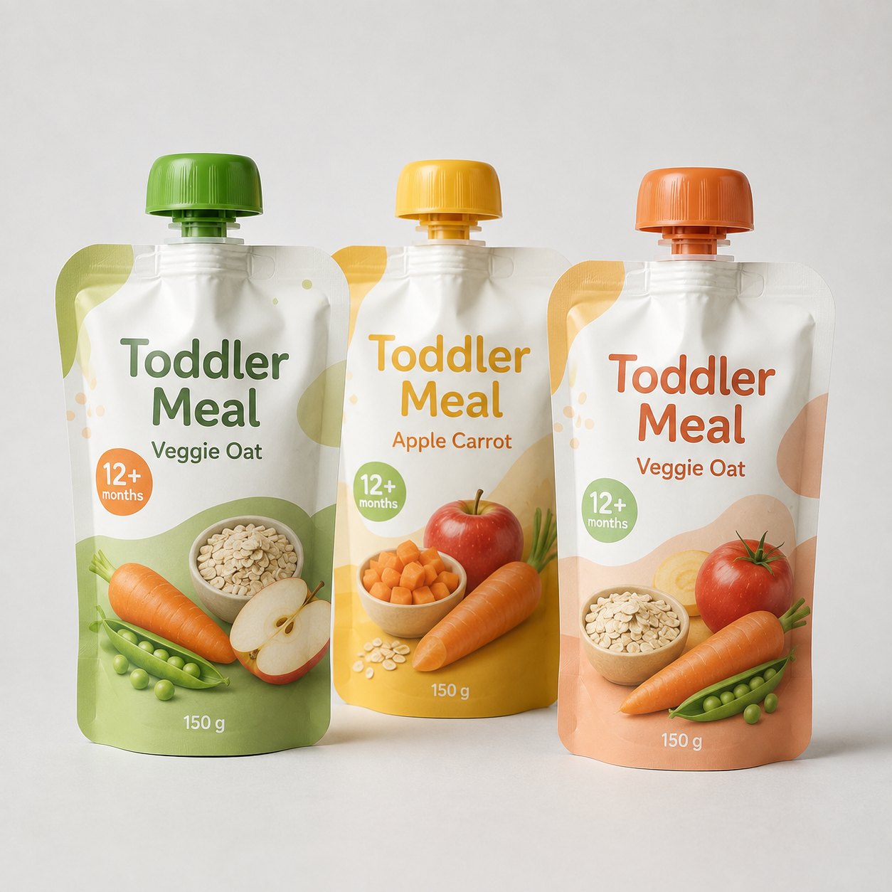 Toddler meal spout pouch group with vegetable oat and apple carrot packaging cues