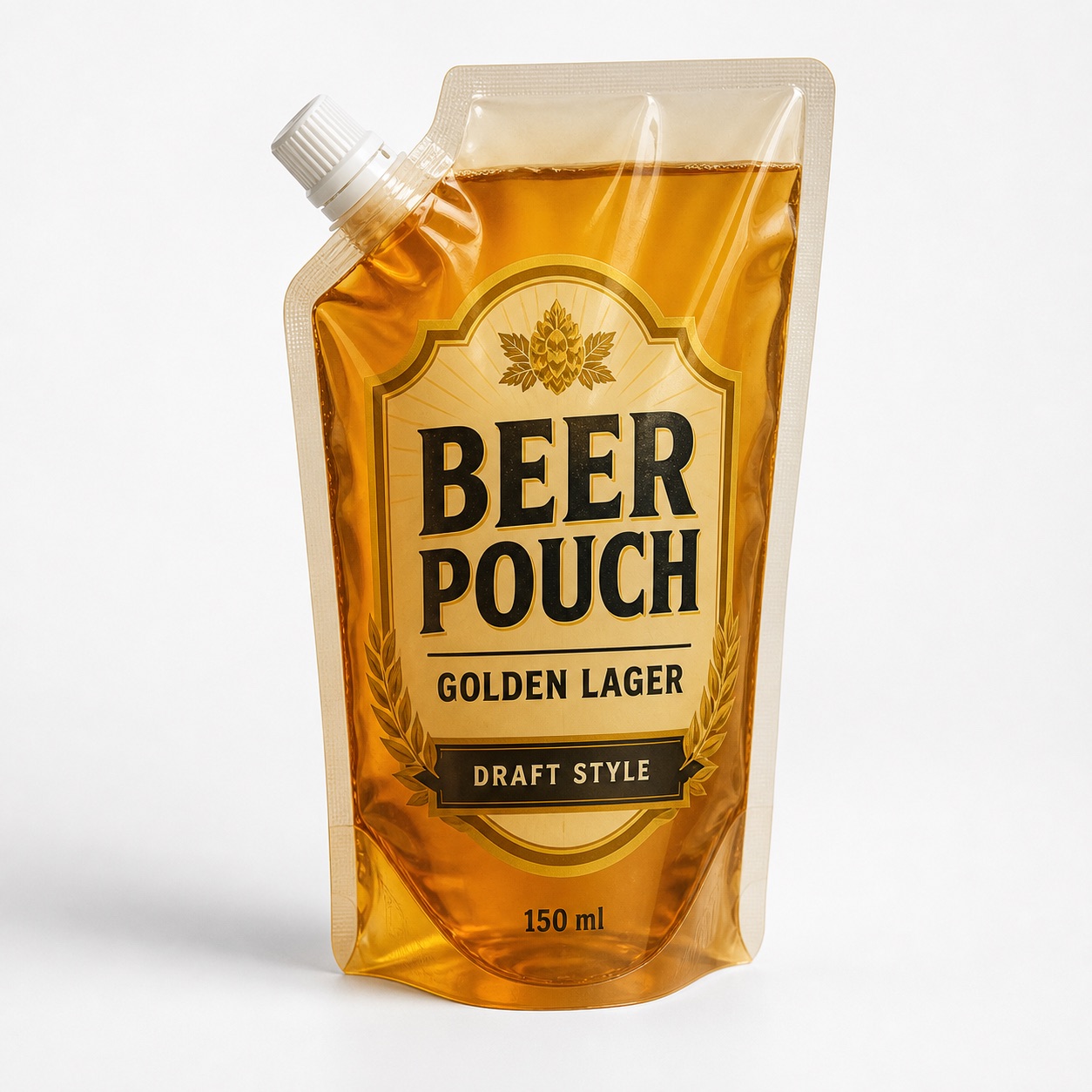 Printed beer spout pouch with screw cap and 150 ml generic label for packaging gallery