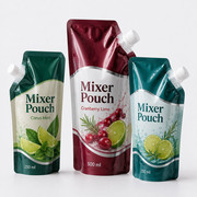 Cocktail mixer spout pouch group with citrus mint and cranberry lime packaging cues
