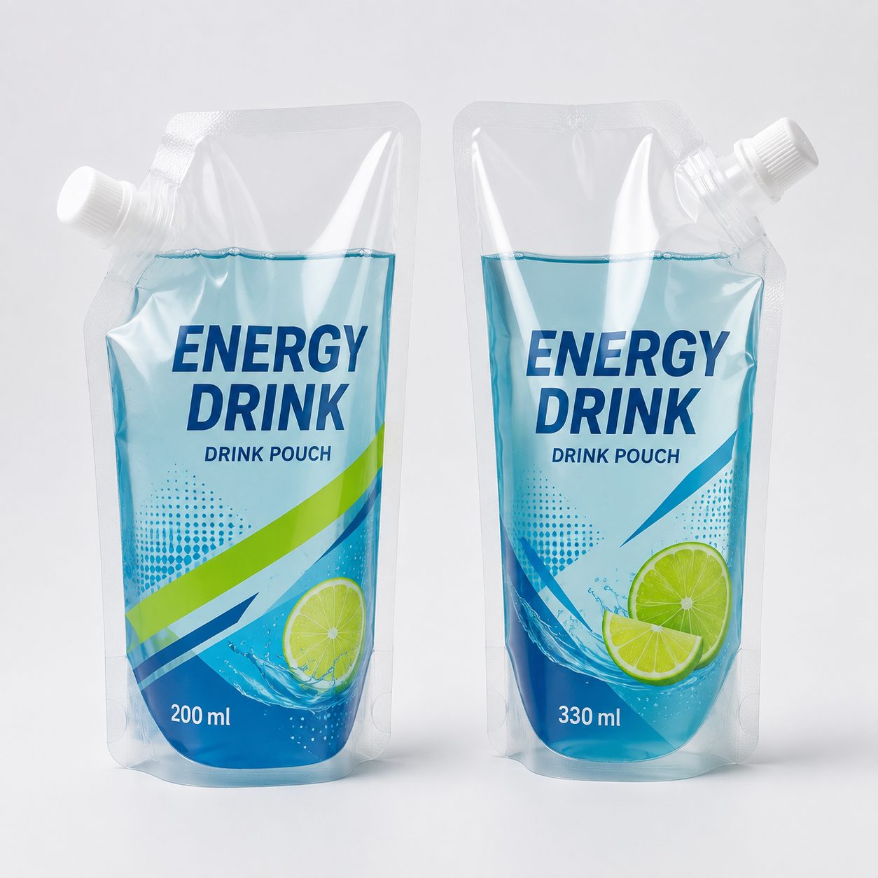 Blue-green energy drink spout pouches with lemon-lime liquid cues for beverage packaging review