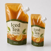 Iced tea spout pouch pair with lemon tea artwork and amber liquid cues