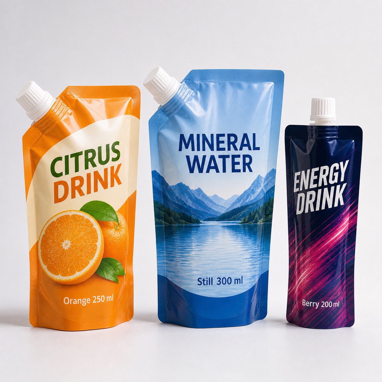 Printed beverage pouch options with citrus drink water pouch and energy drink spout packaging