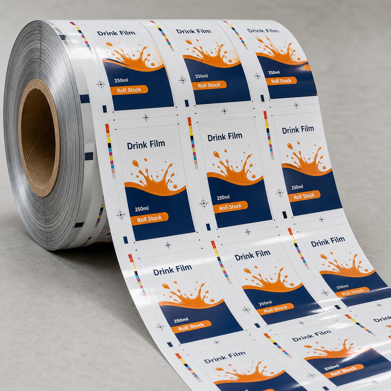 Printed beverage roll stock film web with repeat panels for form-fill-seal lines