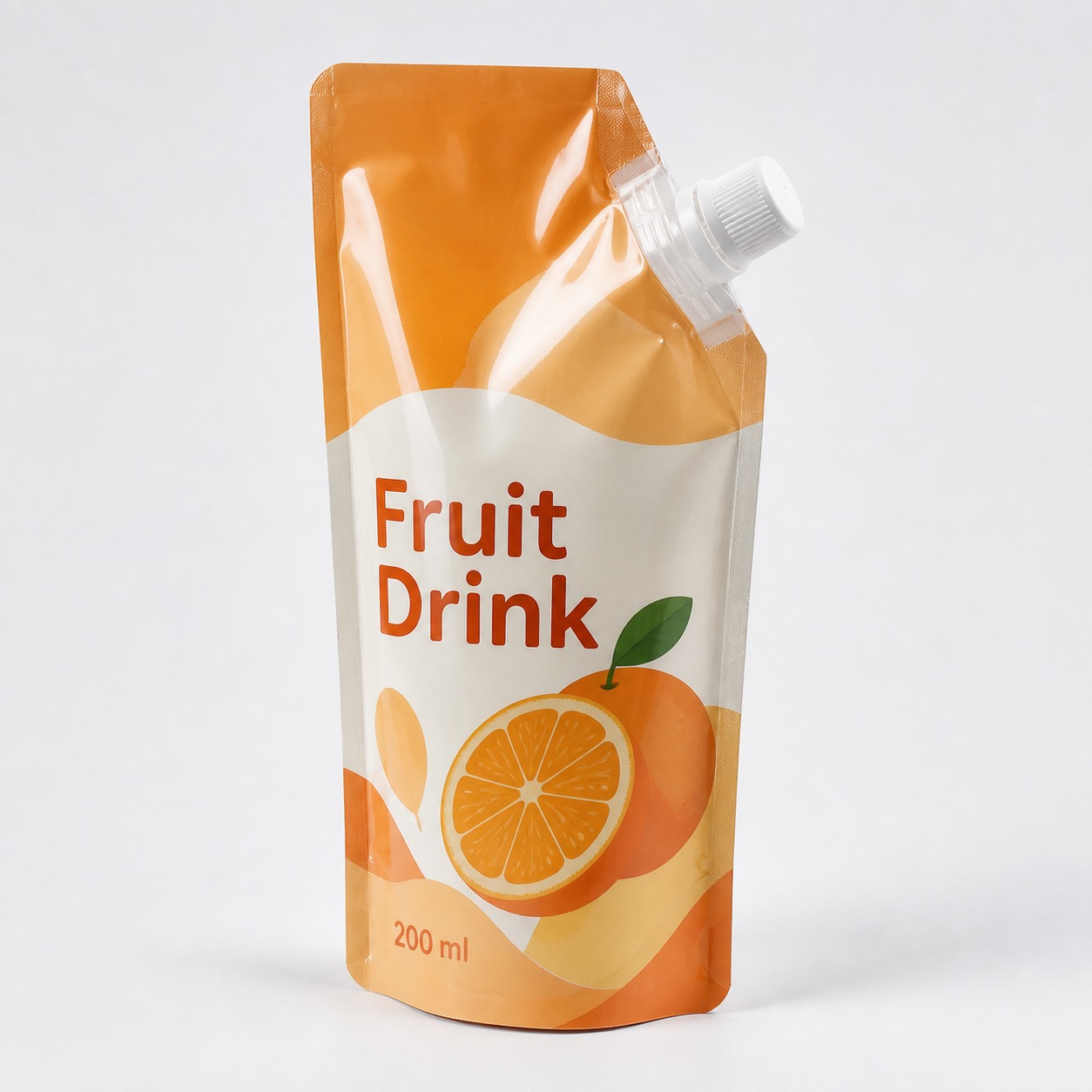 Printed fruit drink corner spout pouch with screw cap and 200 ml label