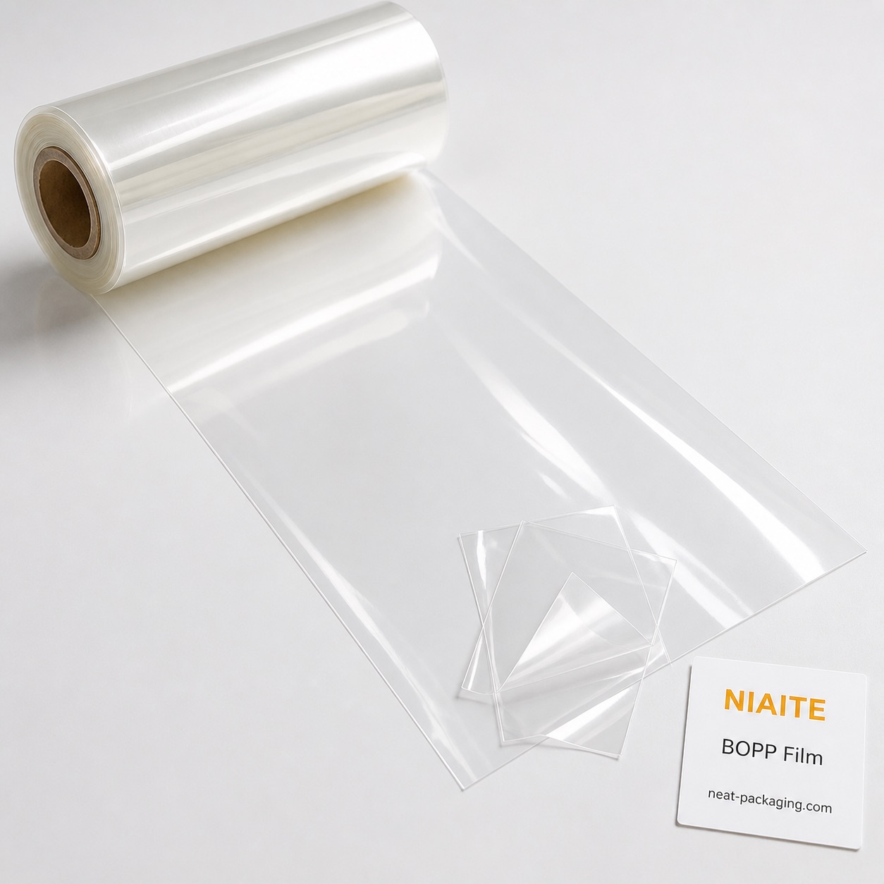 Clear glossy BOPP flexible packaging film roll and print substrate swatch