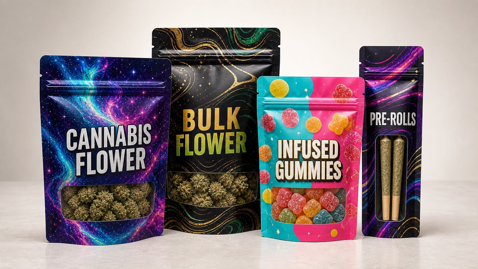 Group of custom printed cannabis packaging pouches labeled Cannabis Flower, Infused Gummies, Pre-Rolls, and Bulk Flower