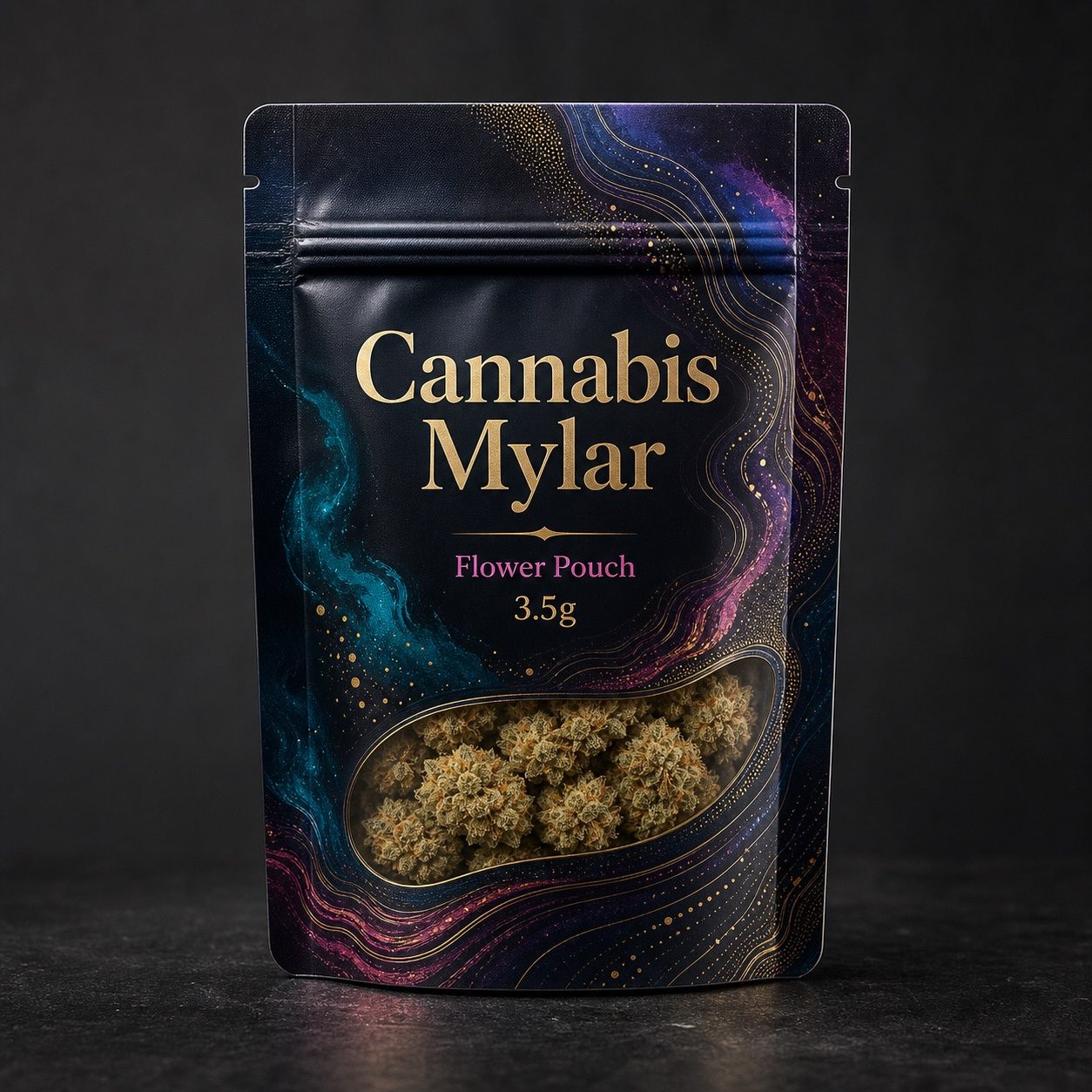 Custom printed cannabis Mylar flower pouch labeled Cannabis Mylar and Flower Pouch for packaging review