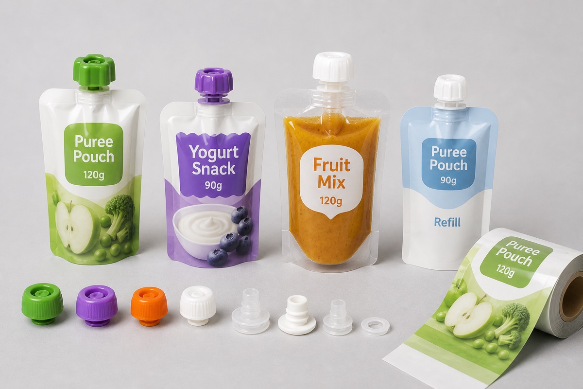 Baby food spout pouch options for puree, yogurt snack, fruit mix, caps, fitments, and roll film