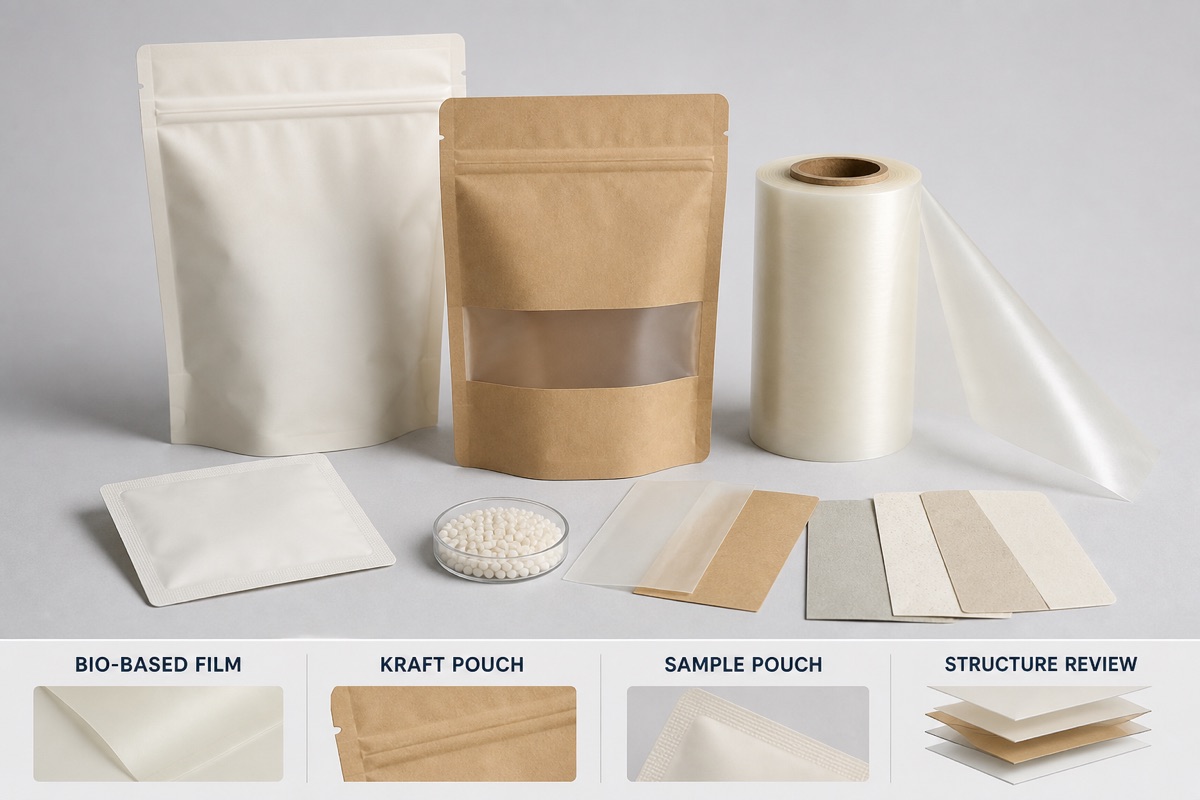 Bio-based packaging structure review with kraft pouch, sample pouch, film roll, pellets, and swatches