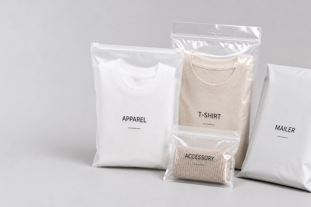Frosted apparel and accessory pouches holding folded garments on a neutral surface