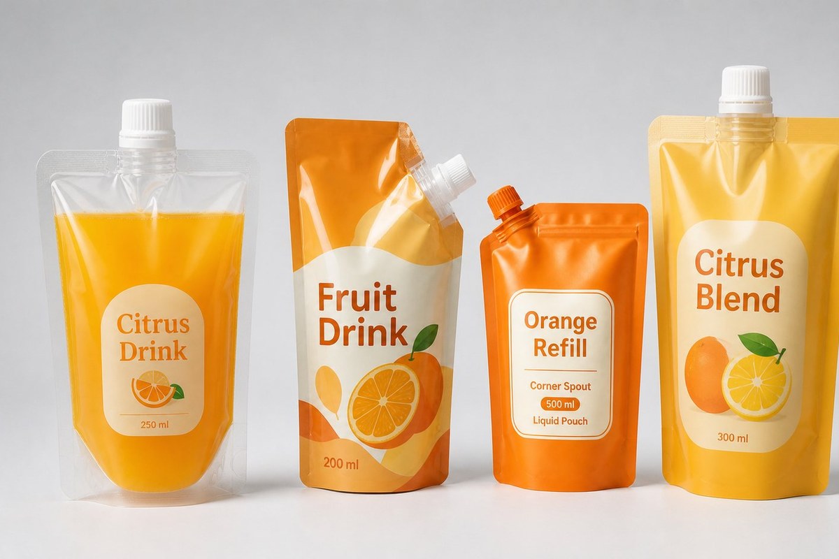 Orange and citrus drink spout pouches in different fill volumes on a light surface