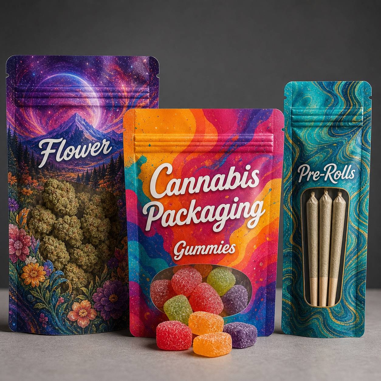 Cannabis packaging samples labeled Flower, Gummies, and Pre-Rolls