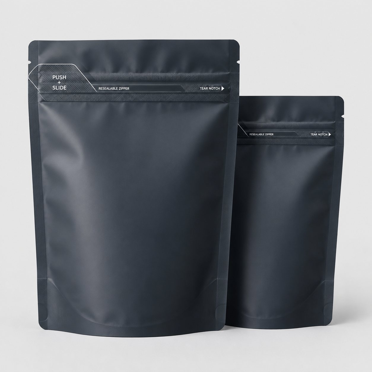 Child-resistant pouch category card showing opaque pouches with integrated push-slide zipper feature area, tear notches, and resealable zipper text