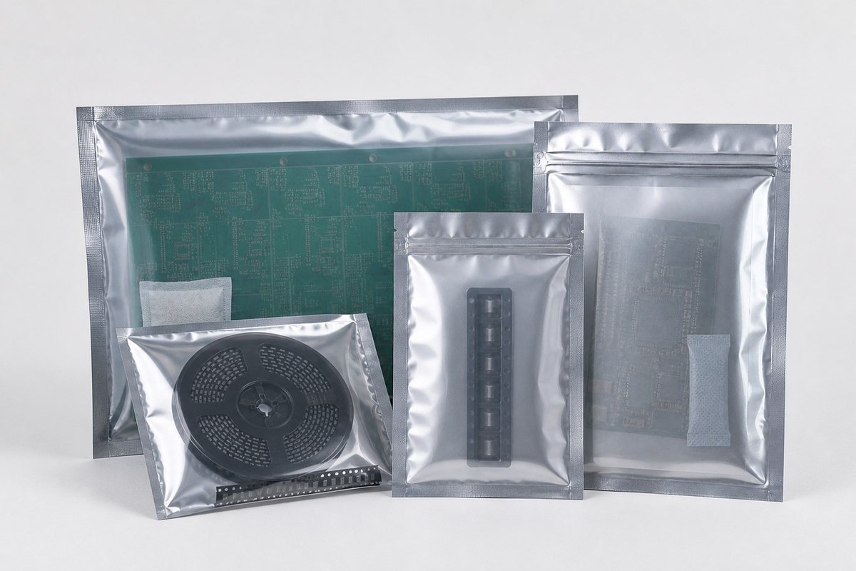 Metallised static shielding bags holding an electronic component on a dark green mat
