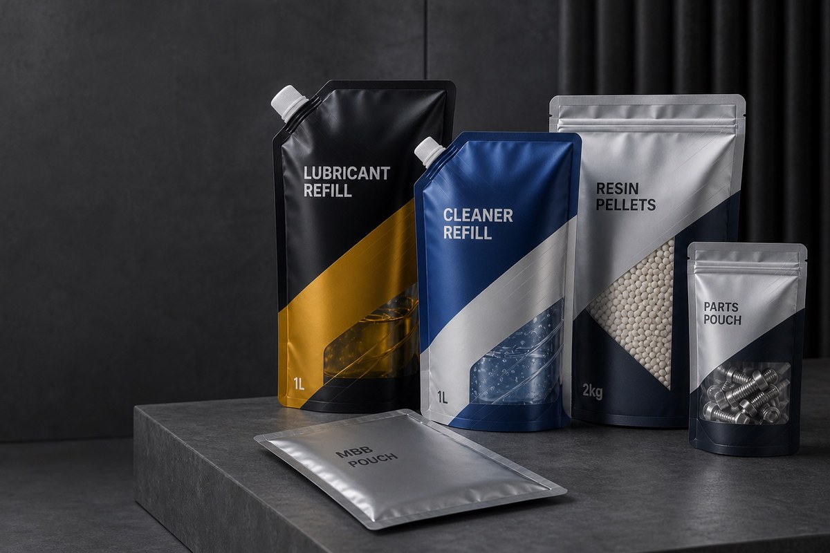 Lubricant and cleaner refill pouches with a resin pellet bag on a dark industrial surface